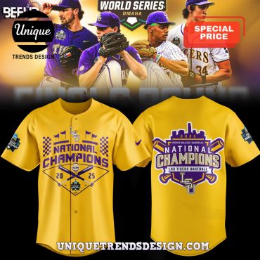LSU Tigers 2025 NCAA Division Champions Yellow Baseball Jersey