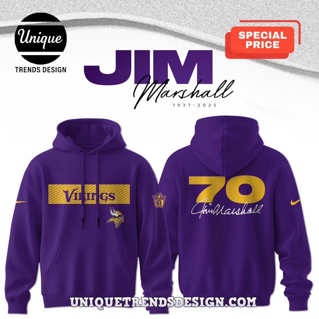 Minnesota Vikings Jim Marshall 70 Hoodies Minnesota Vikings Jim Marshall 70 Hoodies