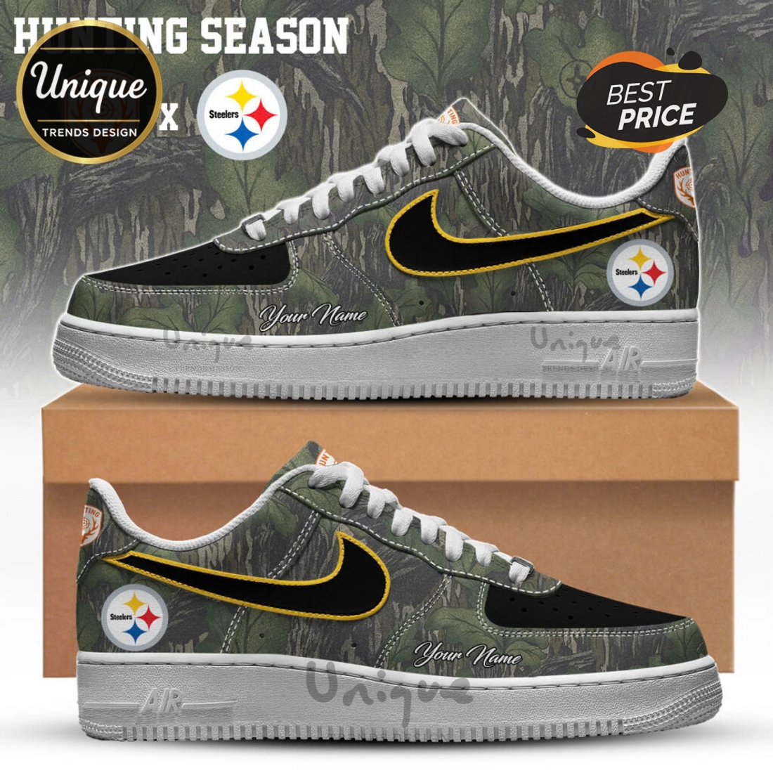 Pittsburgh Steelers Hunting Season Custom Camo Air Force 1 Sneakers Pittsburgh Steelers Hunting Season Custom Camo Air Force 1 Sneakers