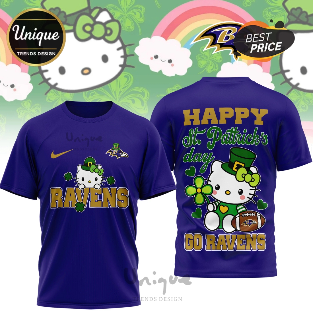 Baltimore Ravens Premium NFL Hello Kitty St. Pattrick’s Day 3D Shirt Baltimore Ravens Premium NFL Hello Kitty St. Pattrick’s Day 3D Shirt