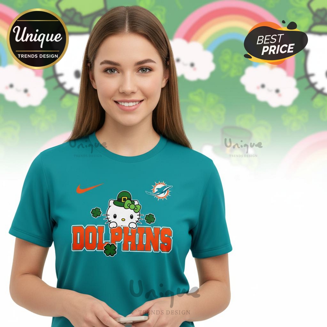 Miami Dolphins Premium NFL Hello Kitty St. Pattrick’s Day 3D Shirt Miami Dolphins Premium NFL Hello Kitty St. Pattrick’s Day 3D Shirt