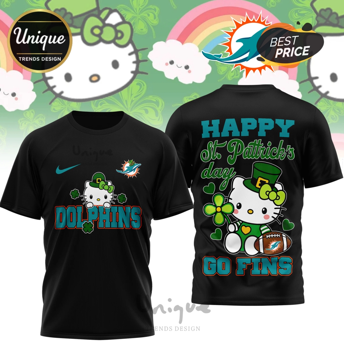 Miami Dolphins Premium NFL Hello Kitty St. Pattrick’s Day 3D Shirt Miami Dolphins Premium NFL Hello Kitty St. Pattrick’s Day 3D Shirt