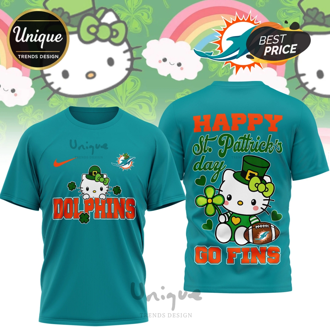 Miami Dolphins Premium NFL Hello Kitty St. Pattrick’s Day 3D Shirt Miami Dolphins Premium NFL Hello Kitty St. Pattrick’s Day 3D Shirt