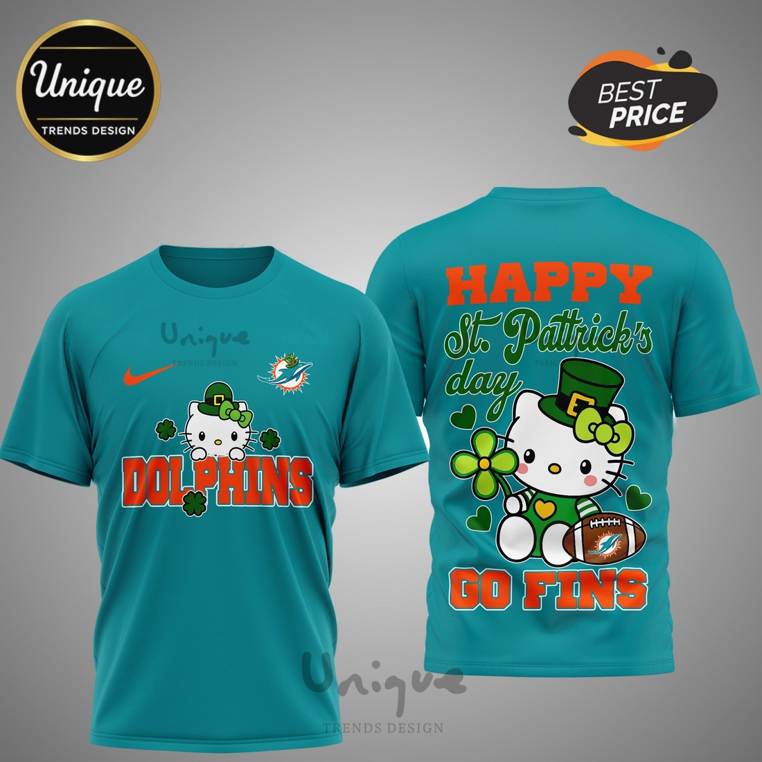 Miami Dolphins Premium NFL Hello Kitty St. Pattrick’s Day 3D Shirt Miami Dolphins Premium NFL Hello Kitty St. Pattrick’s Day 3D Shirt