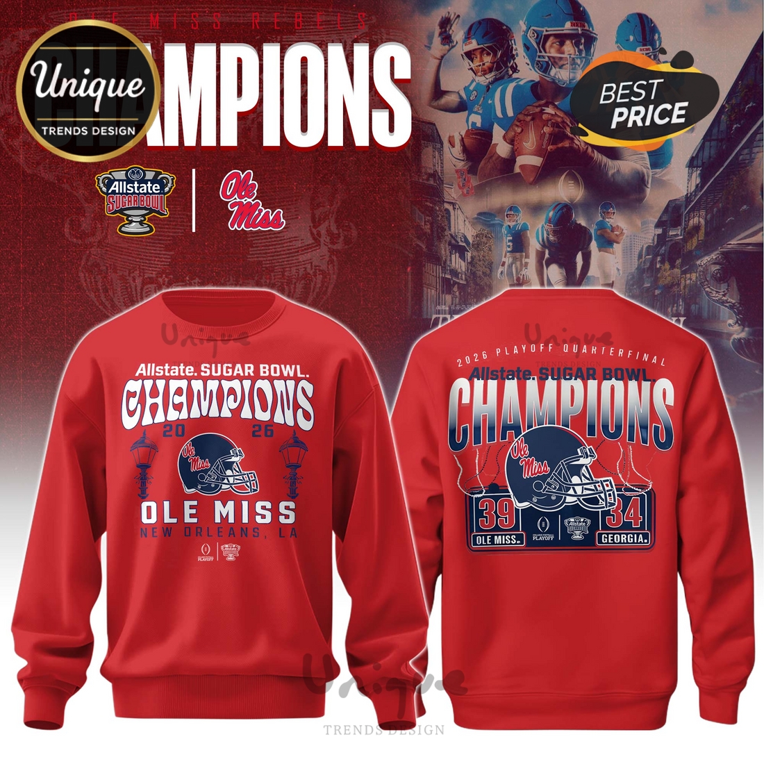 Ole Miss Rebels NCAA Sugar Bowl Champions Red Hoodie Ole Miss Rebels NCAA Sugar Bowl Champions Red Hoodie