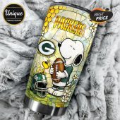 Green Bay Packers Snoopy Tumbler: Premium stainless steel, vibrant team colors, show your Packers pride!