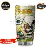 Green Bay Packers Snoopy Pride Tumbler. Premium stainless steel, featuring Snoopy in Packers gear. Perfect for showing your team spirit!