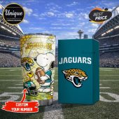 Jacksonville Jaguars Snoopy Tumbler. Show your team pride with this premium insulated tumbler featuring Snoopy in Jaguars gear!