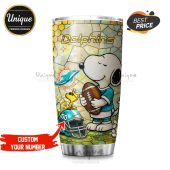 Miami Dolphins Snoopy tumbler. Show your team pride with this premium stainless steel tumbler.