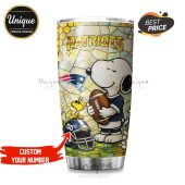 New England Patriots Snoopy tumbler showing team pride. Premium insulated design.