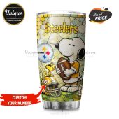 Pittsburgh Steelers Snoopy Tumbler. Premium stainless steel tumbler featuring Snoopy showing Steelers pride. Perfect for game day!