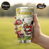 San Francisco 49ers Snoopy tumbler. Premium insulated stainless steel featuring team logo and Peanuts character Snoopy.