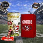 San Francisco 49ers Snoopy tumbler. Premium NFL drinkware for showing team pride with a fun, Peanuts design.