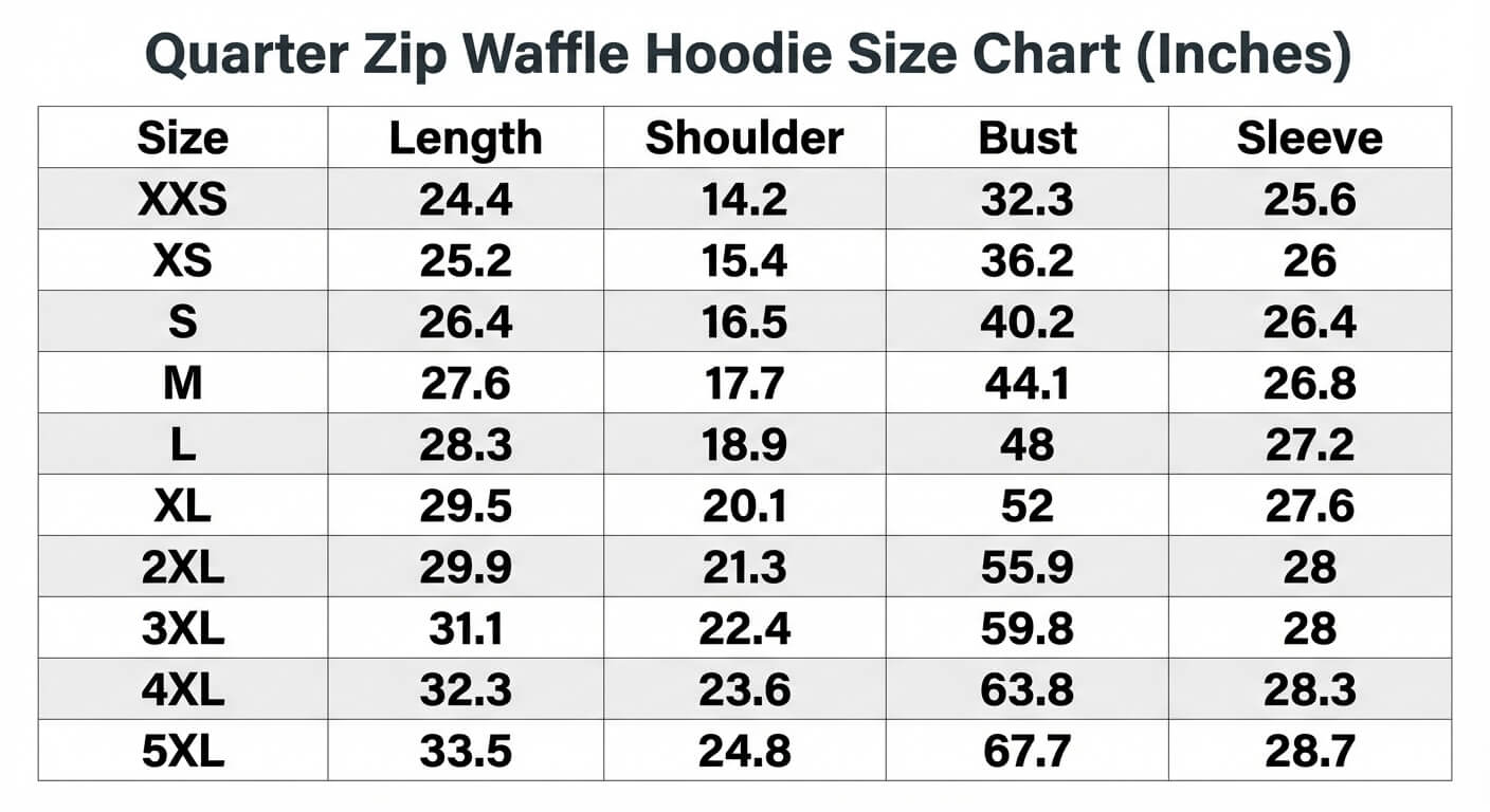 Size Chart for Will Anderson Jr. Houston Texans  51 NFL Player Quarter Zip Waffle Hoodie - Waffle Hoodie Dimensions