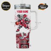 Custom tumbler features an elephant playing basketball with Alabama college logos, plus space for your name!