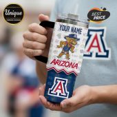 Customizable University of Arizona Wildcats tumbler with cartoon mascot, school logos, and 'Your Name' text.!