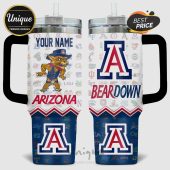Personalized Arizona Wildcats tumbler with cartoon mascot, school logos, and 'Bear Down' text.!