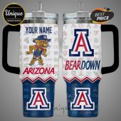 Personalized Arizona Wildcats tumbler with team logos and 'Bear Down' slogan!