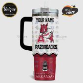 Personalized Arkansas Razorbacks tumbler with team logos and 'YOUR NAME' text at the top.!