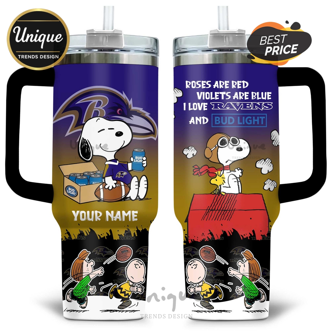 Baltimore Ravens Snoopy Bud Light Personalized 40oz Tumbler Baltimore Ravens Snoopy Bud Light Personalized 40oz Tumbler