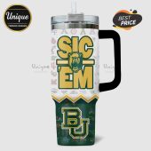 Stainless steel tumbler with handle featuring Baylor University and college logos design.!