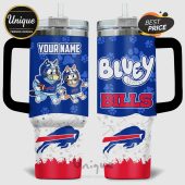 Personalized tumbler features Bluey and Bingo in Buffalo Bills football gear with customizable name.!