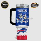Customizable Buffalo Bills stainless steel tumbler with cartoon dogs in football gear and space for a name!