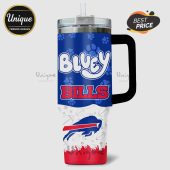 Tumbler featuring 'Bluey' text above 'Bills,' buffalo logo, and football graphics.!