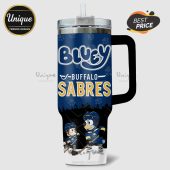 Blue travel mug with Bluey Buffalo Sabres design, featuring Bluey and Bingo in hockey gear.!