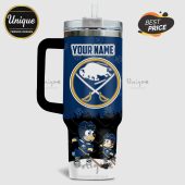Tumbler featuring a Buffalo Sabres hockey design, customizable with 'Your Name' above the Sabres logo, and cartoon dogs playing hockey.!