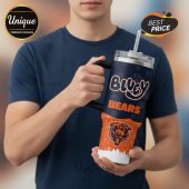 Insulated mug with handle, straw, and a Chicago Bears-themed design featuring 'Bluey Bears' text and team logo.!