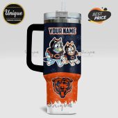 Customizable tumbler featuring cartoon dogs in Chicago Bears football gear with space for a name.!
