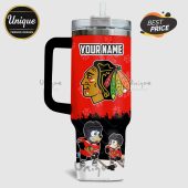 Tumbler with Chicago Blackhawks logo, cartoon dogs in hockey gear, and custom name field.!