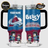 Customizable tumbler with Colorado Avalanche logo, Bluey characters in hockey gear, and 'Your Name' text!