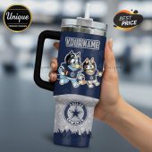 Customizable tumbler featuring Bluey and Bingo in football gear with the Dallas Cowboys logo.!