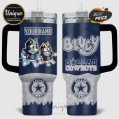 Personalized Bluey Dallas Cowboys tumbler with custom name option and cartoon characters wearing football gear.!