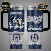 Tumbler features Bluey, Bingo in Dallas Cowboys gear, and 'Your Name' customization.!