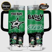 Personalized Dallas Stars tumbler with Bluey cartoon characters playing hockey. Custom name and team logo featured.!