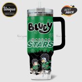 Bluey Dallas Stars tumbler with Bluey and Bingo playing hockey in Stars uniforms.!