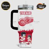 White tumbler with Detroit Red Wings logo, cartoon dogs in hockey gear, and 'YOUR NAME' customization option.!