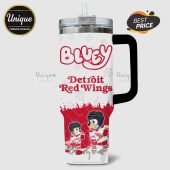White stainless steel tumbler with Bluey Detroit Red Wings hockey design.!