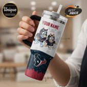 Customizable tumbler with 'Your Name,' cartoon dogs in football gear, and Houston Texans logo!