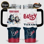 Custom tumbler featuring Bluey characters in Houston Texans gear with the team logo and 'Your Name' text.!
