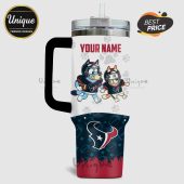 Customizable tumbler featuring Bluey and Bingo in Texans football gear with 'Your Name' text and the Texans logo.!