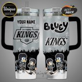 Personalized tumbler showing Bluey characters in LA Kings hockey gear with custom name option!