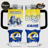 Tumbler featuring Bluey, Bingo in Rams football gear with 'Your Name' and 'Rams' text, plus the LA Rams logo!