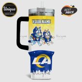 Customizable tumbler with Bluey characters in LA Rams football gear and LA logo!