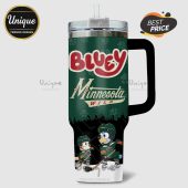 Tumbler featuring Bluey characters playing hockey, overlaid on a Minnesota Wild team design.!
