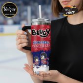 Bluey Montreal Canadiens stainless steel tumbler with straw and handle shows Bluey and Bingo playing hockey.!