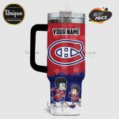 Customizable tumbler featuring a Montreal Canadiens logo, paw prints, and cartoon dogs in hockey gear.!